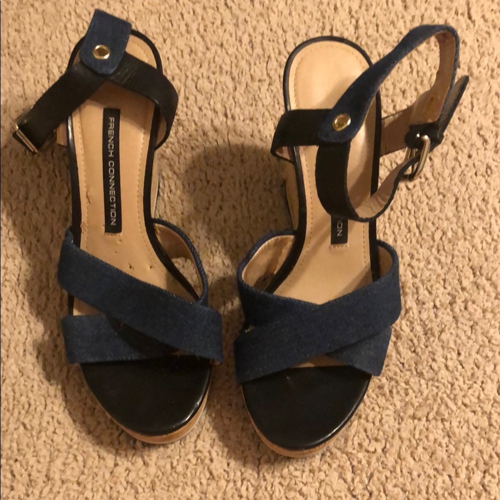 French Connection Blue Wedgr Sandals with Cross-Strap Design